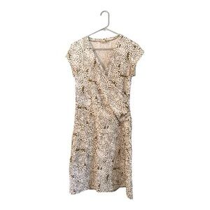 Athleta Cream and Brown Printed Midi Wrap Dress with Cap Sleeves